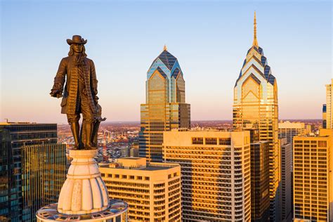 Philadelphia Skyline And City Hall William Penn Statue Aerial Drone