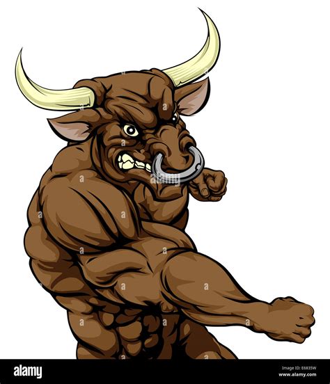 A Tough Muscular Bull Character Sports Mascot Attacking With A Punch