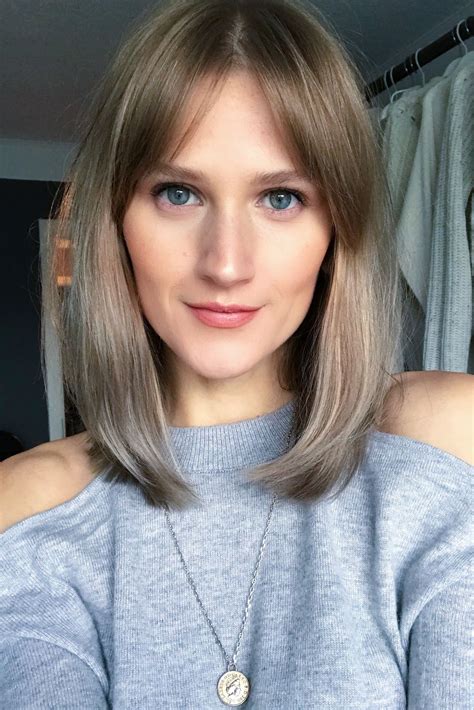 My skin tone is natural and a little bit of warmth looks good too. Bangs ash blonde brown hair lob straight hair shoulder ...
