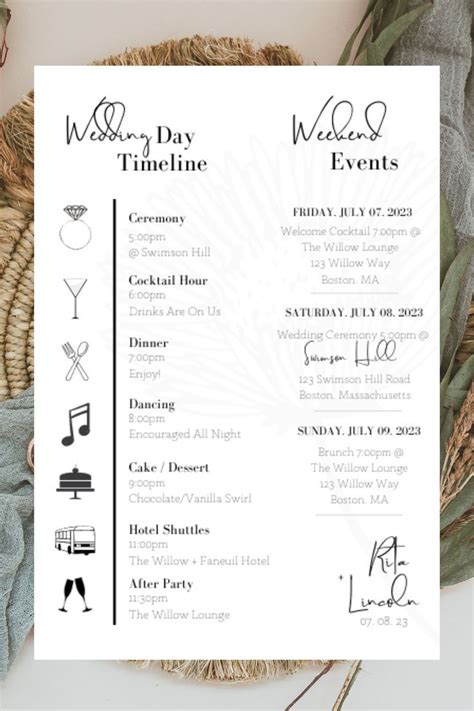 Wedding Day Timeline Card Template Minimalist Wedding Etsy In 2022