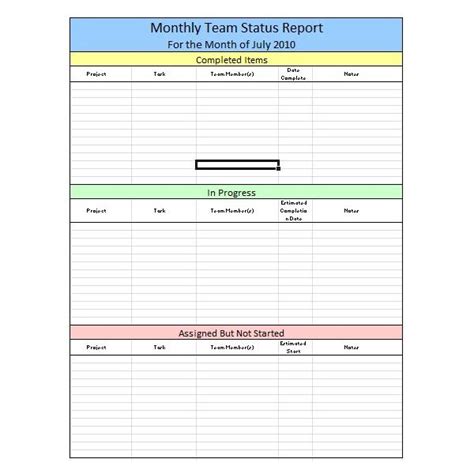 sample team monthly report template  excel