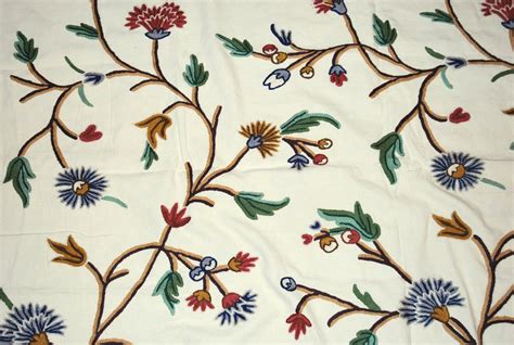 Cotton Crewel Embroidered Fabric Floral Cream Multicolor Flr312
