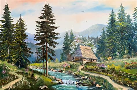 Landscape Nature Original Wall Art Pine Trees River Painting Lovely