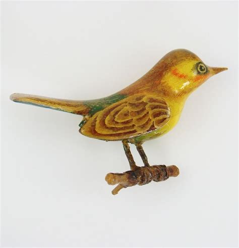 Vintage Hand Painted Handcarved Wood Bird Brooch Takahashi Style Safety