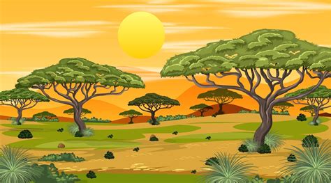 African Savanna Forest Landscape Scene At Sunset 2306325 Vector Art At