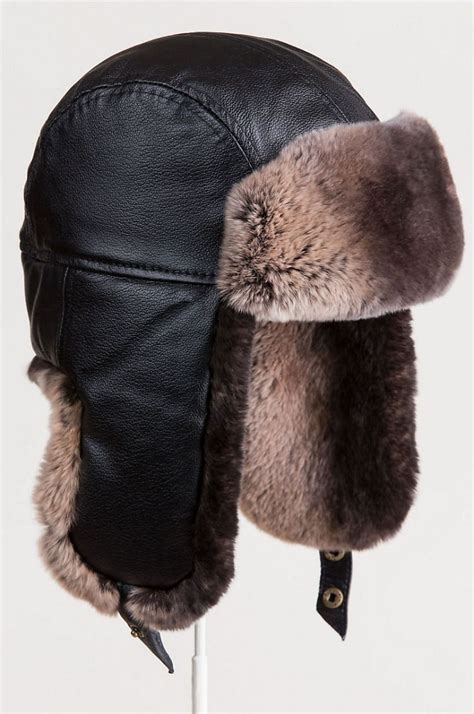 Lambskin Leather Trapper Hat With Two Tone Rex Rabbit Fur Trim