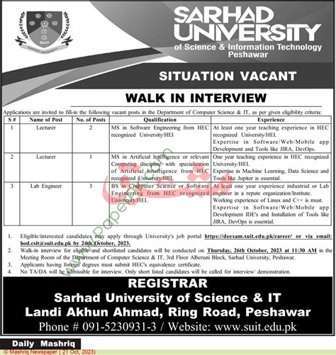 Lecturer Jobs In Peshawar At Sarhad University Of Science And Information