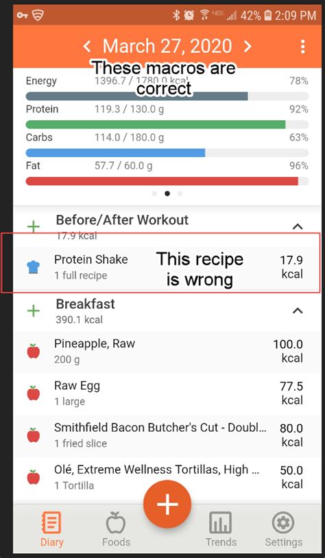 [BUG] Recipe not showing the correct calories/macros ...