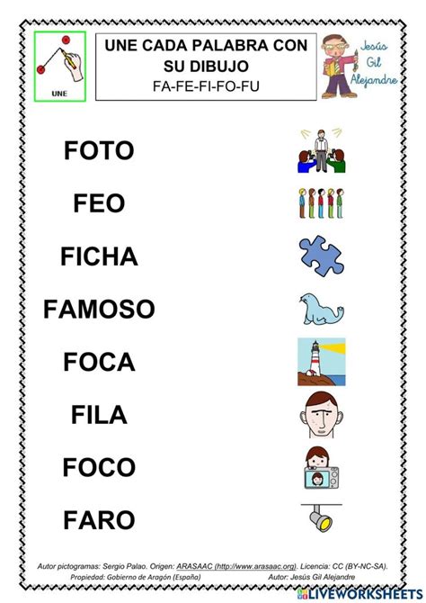 Une palabra y dibujo fa fe fi fo fu mayúsculas worksheet Lectura y