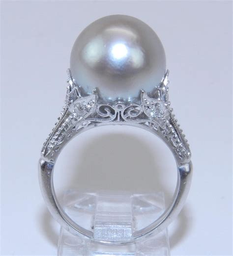 Antique 14k White Gold Filigree Diamond And Gray South Sea Pearl