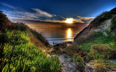 Nature Landscape Path Beach Sea Sunset Shrubs Sky