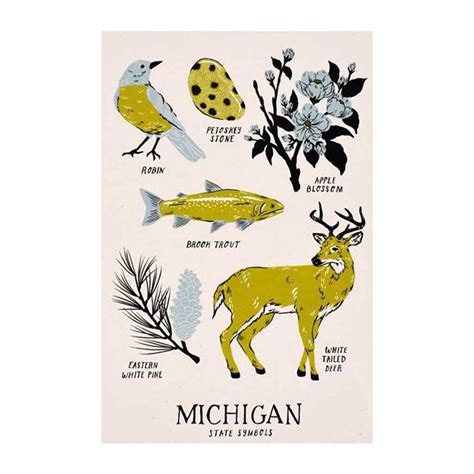 Michigan State Symbols 11x17 Silkscreened Print State Symbols