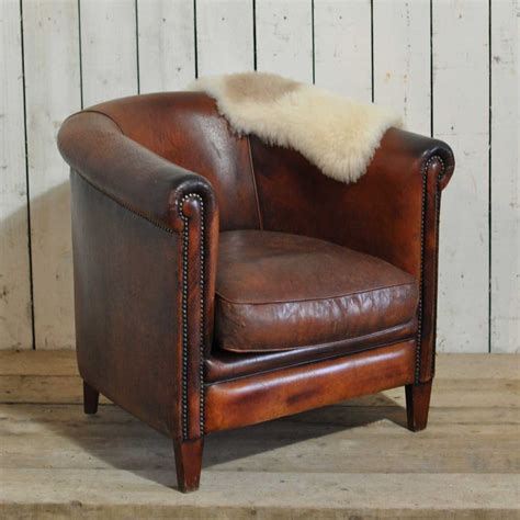 Vintage Worn French Leather Club Chair With Arms - Home Barn Vintage