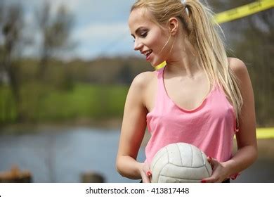 Joyful Sexy Blond Girl Playing Volleyball Stock Photo Edit Now