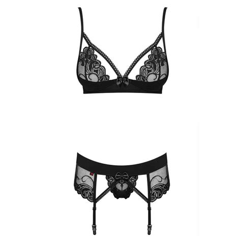 Ensemble Soutien Gorge Et String Porte Jarretelles Noir Obsessive