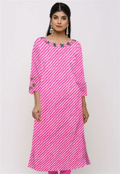 Leheriya Printed Cotton A Line Kurta In Pink Tjw1816