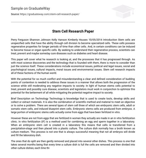 ⇉stem Cell Research Paper Essay Example Graduateway