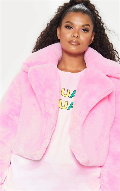 Plus Pink Faux Fur Cropped Jacket Plus Size Prettylittlething Usa
