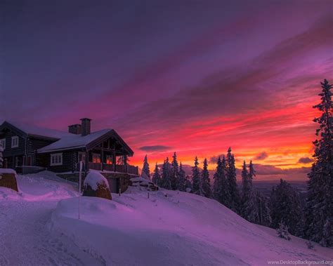 Winter Sunset Clouds Forest Cottage Snow Cold