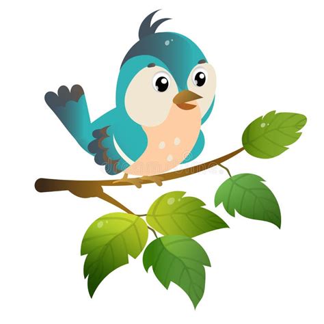 Color Image Of Cartoon Bird On Branch On White Background Vector