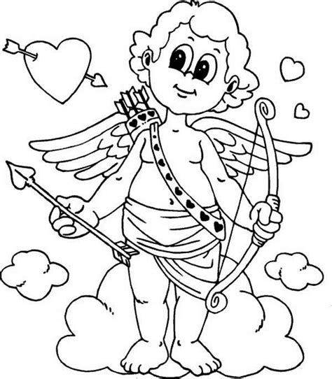 Cupid, boys, girls, valentine's day cards, hearts, chocolates, valentine to color, people in love, hearts to write in a message, blank places to personalize your coloring. Cute Little Cupid Is Prepared For Valentine's Day Coloring ...