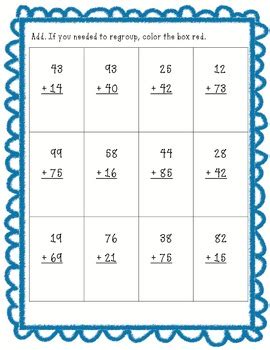 Regroup if necessary and show the regrouping with the box pennants: 2 digit Addition with regrouping worksheets by cchan3 | TpT