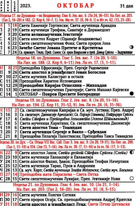 Verski Kalendar Za Oktobar 2023