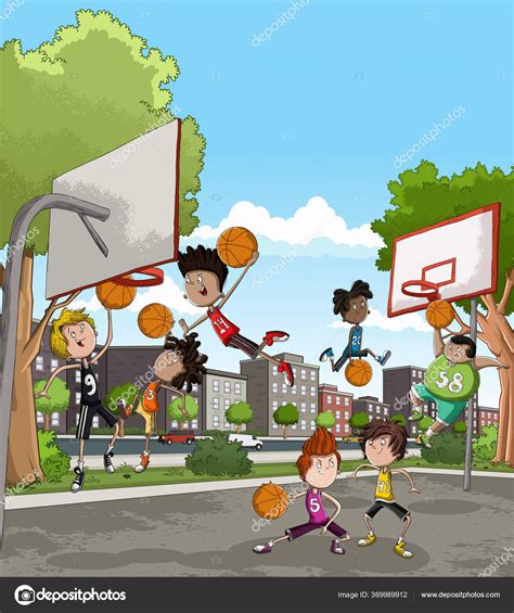 Niños Dibujos Animados Jugando Baloncesto Cancha Jugadores Baloncesto