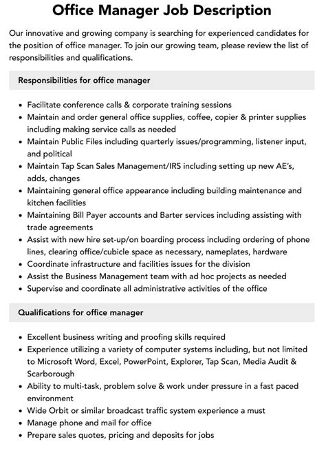 Office Manager Job Description Velvet Jobs