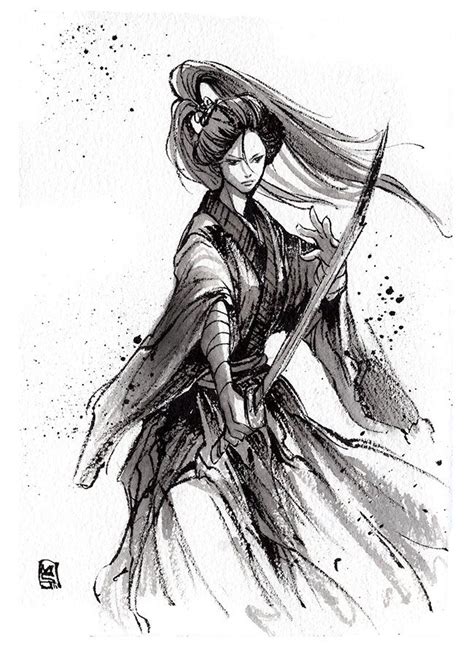 Ink Sketch Lady Katana Ink Sketch Samurai Art Samurai Drawing
