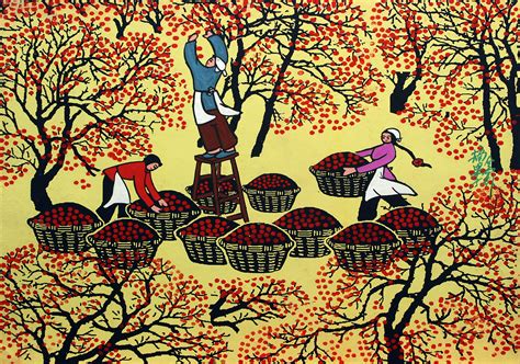 Picking Fruit Chinese Folk Art Painting South Chinese Folk Art