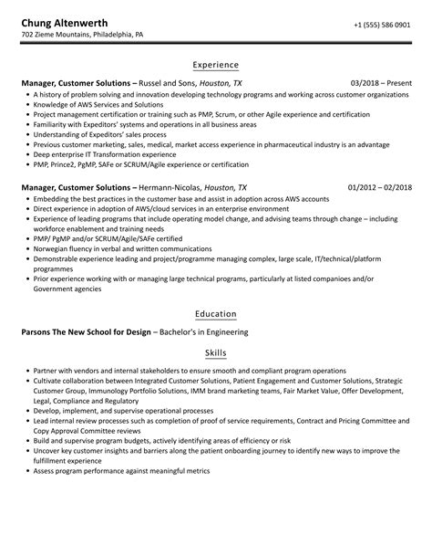 Manager, Customer Solutions Resume Samples | Velvet Jobs