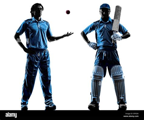 Two Cricket Players In Silhouette Shadow On White Background Stock