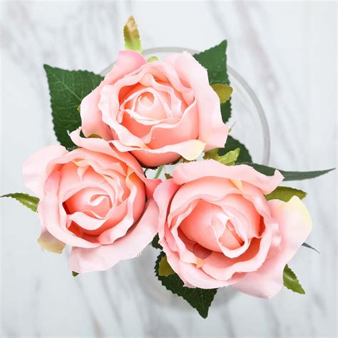 24 Pcs Blush Artificial Long Stem Silk Rose Flowers With Green Leaves