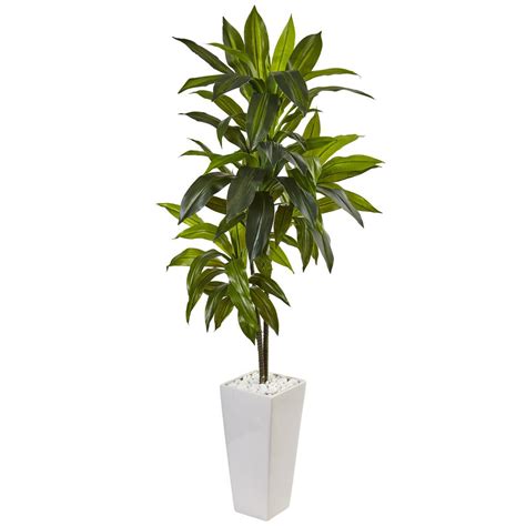 Nearly Natural Indoor Dracaena Artificial Plant In White Tower Planter