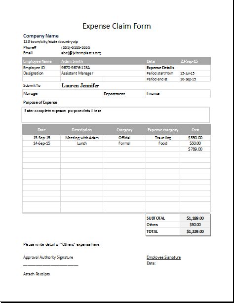 expense claim form template  excel excel templates