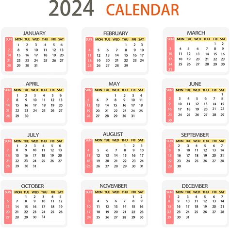 Gambar Kalendar 2024 Warna Ringkas Warna Kalendar Tahun Png Dan