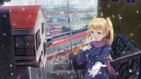 金髪の雪の街並みの通り青い目の建物アニメ スカーフ アニメの女の子 アニメの女の子の雪の通りの街 高画質の壁紙 Pxfuel