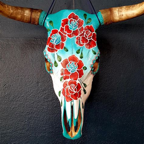 KAREN Beautiful Bespoke Hand Painted Red Roses Etsy Deer Skull Art Cow Skull Decor Steer