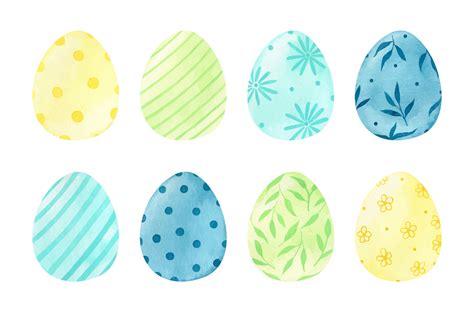 Watercolor Set With Decorated Colored Easter Eggs Yellow Blue Green