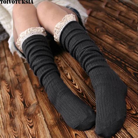 Toivotuksia Full Cotton Knee High Socks For Women Lace Boot Socks Women