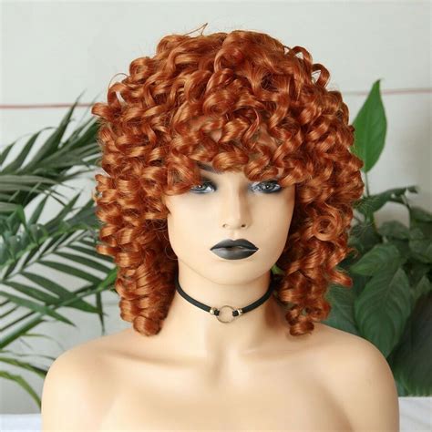 Short Orange Afro Big Bouncy Curly Wigs With Bangs For Women Natural