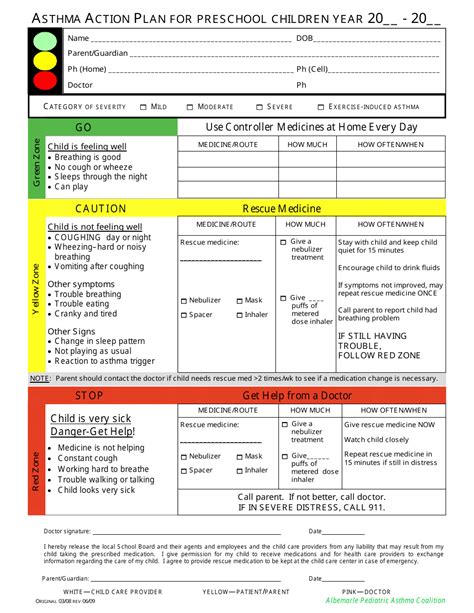 Asthma Action Plan Template For Preschool Children Download Printable