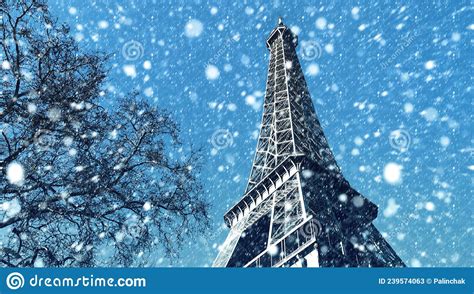 Eiffel Tower And Snowfall In Paris Stock Image Image Of Holiday