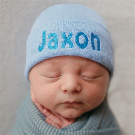 Personalized Blue Newborn Baby Boy Hospital Beanie Hat With Blue