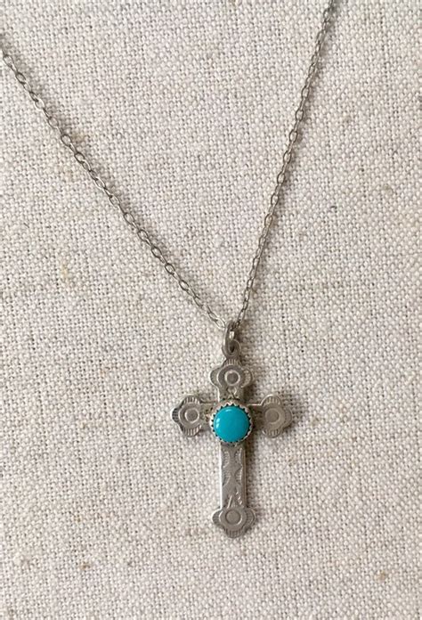 Delicate Turquoise Cross Pendant Necklace Sterling Silver Vintage
