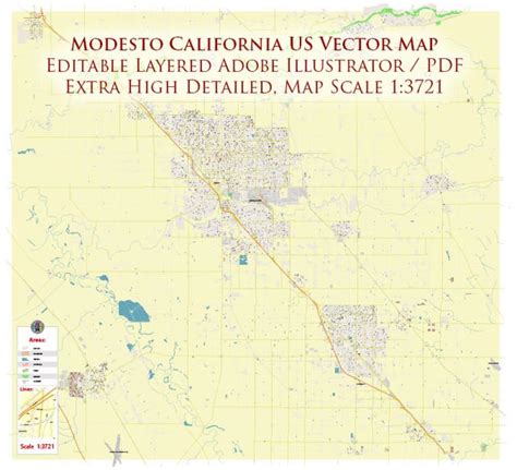 Modesto California Us Pdf Vector Map Extra High Detailed Street Map