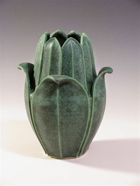 Jemerick Art Pottery New Work And Green Vase With Leaves And Flower