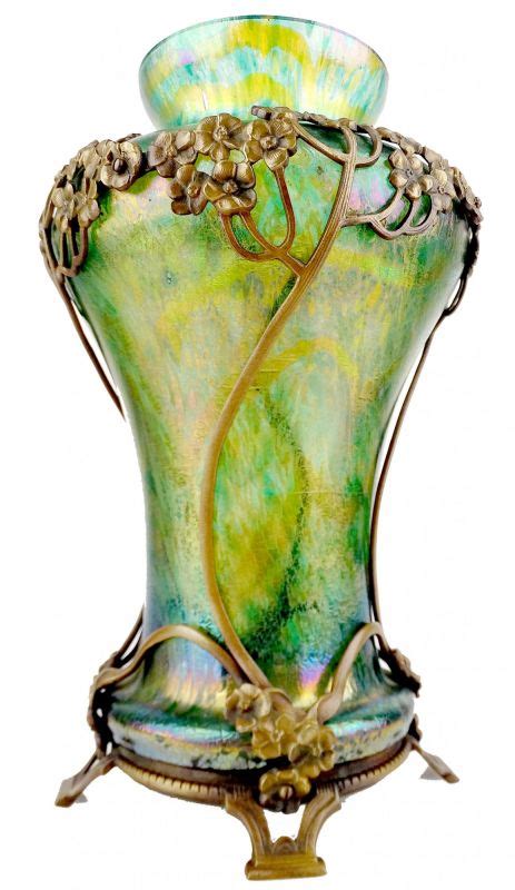 Art Nouveau Jugendstil Kralik Glass Vase With Flower Bronze Overlay
