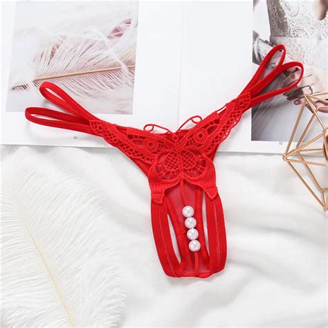 Pearl Massage G String Erotic Panties Sexy Women Underwear Open Crotch Lace Transparent Thong